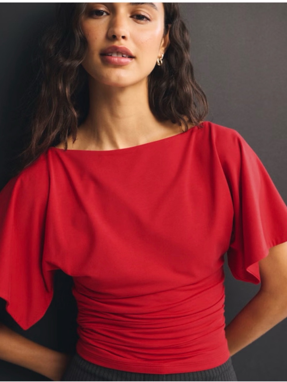 Abercrombie & Fitch Red Boatneck Ruched Flutter Sleeve Top